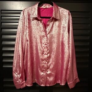 Easel Pink Shimmer Long Sleeve Holiday Cocktail Evening Blouse Button Up Large